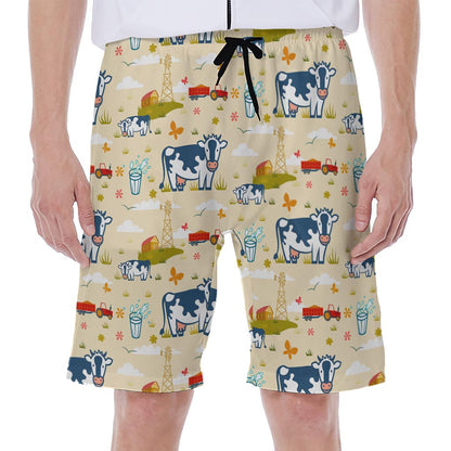 Cartoon Dairy Cow Farm Pattern Print Men's Beach Shorts