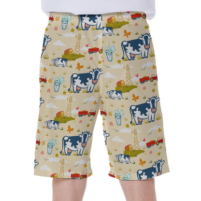 Cartoon Dairy Cow Farm Pattern Print Men's Beach Shorts