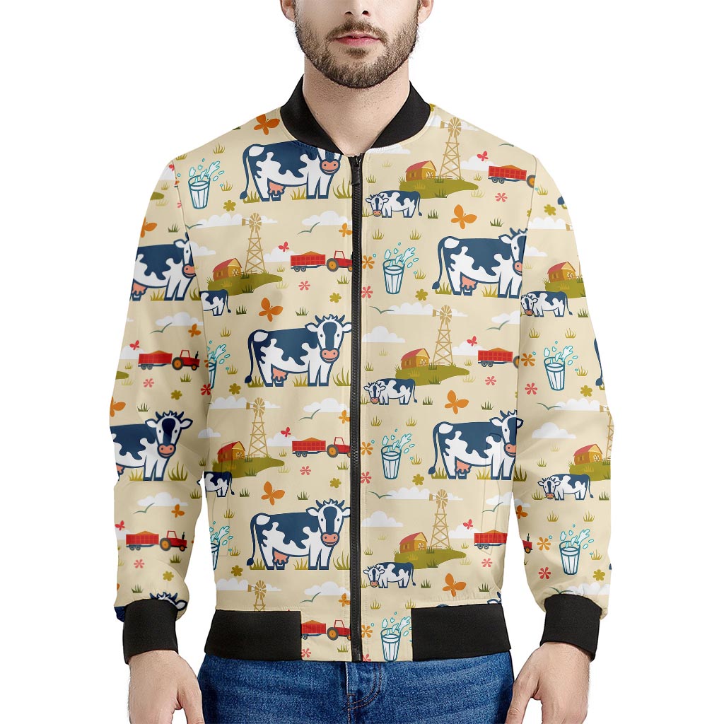 Cartoon Dairy Cow Farm Pattern Print Men's Bomber Jacket
