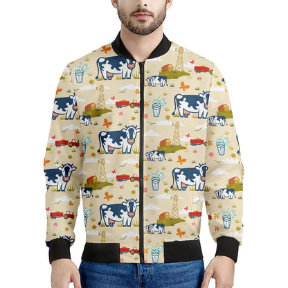 Cartoon Dairy Cow Farm Pattern Print Men's Bomber Jacket