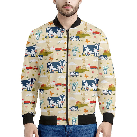 Cartoon Dairy Cow Farm Pattern Print Men's Bomber Jacket