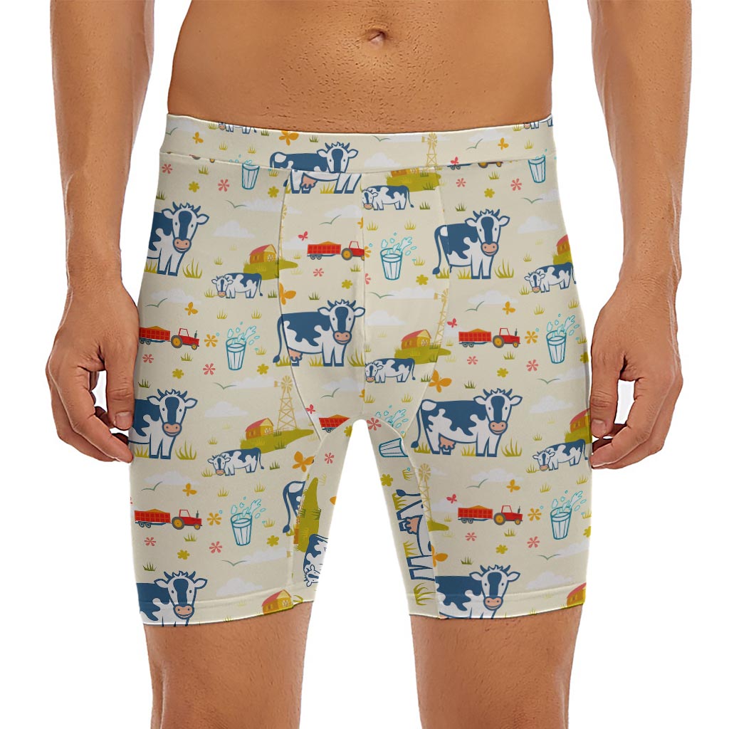 Cartoon Dairy Cow Farm Pattern Print Men's Long Boxer Briefs