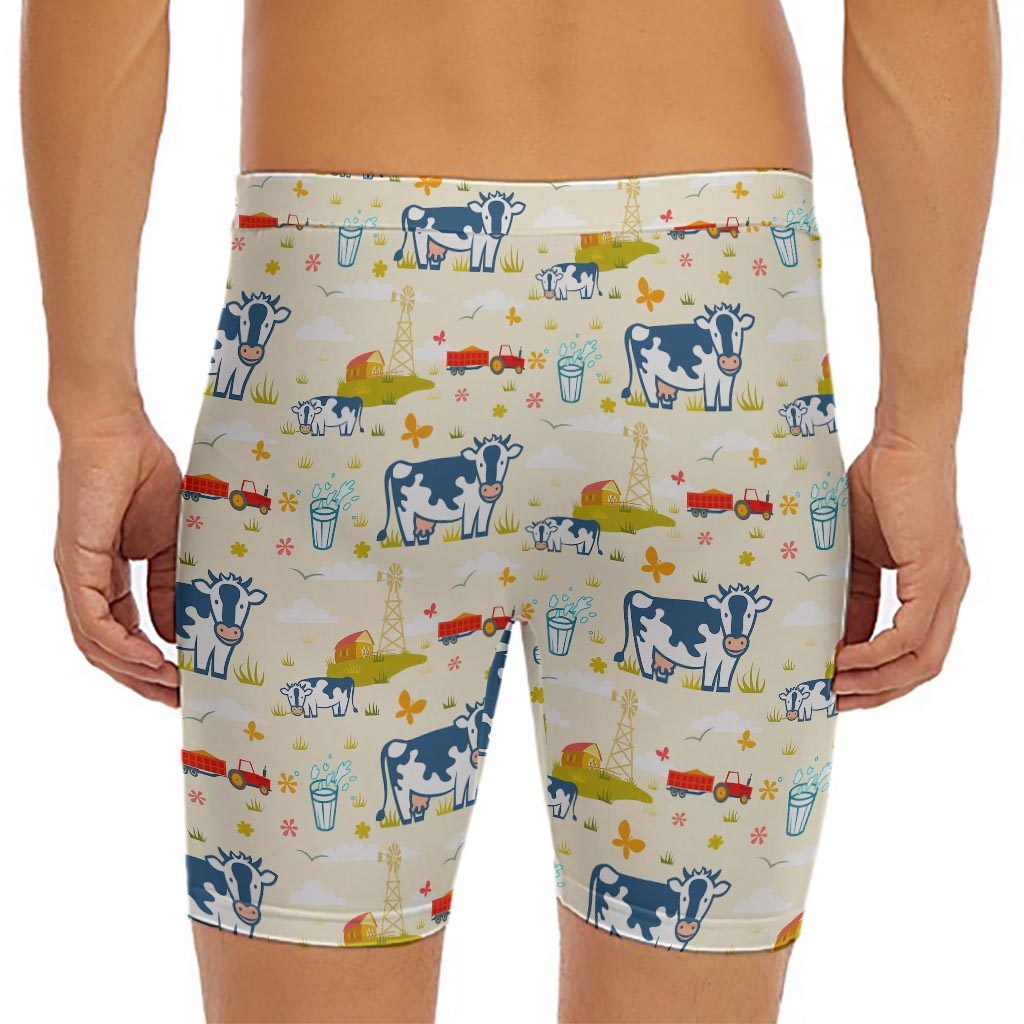 Cartoon Dairy Cow Farm Pattern Print Men's Long Boxer Briefs