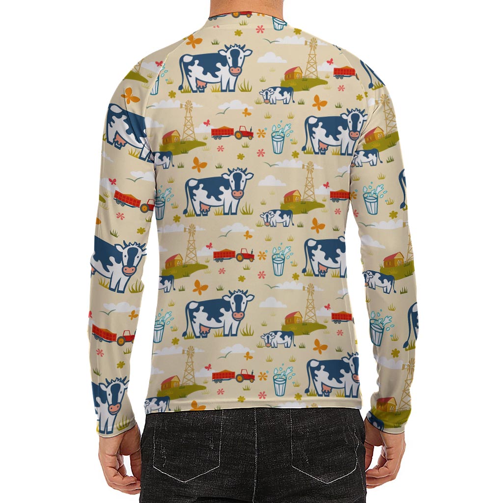 Cartoon Dairy Cow Farm Pattern Print Men's Long Sleeve Rash Guard