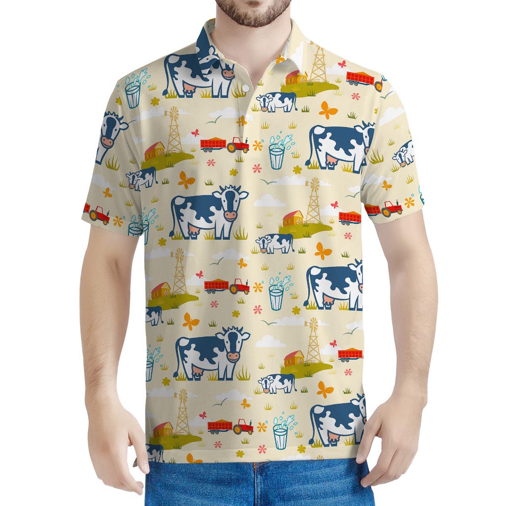 Cartoon Dairy Cow Farm Pattern Print Men's Polo Shirt