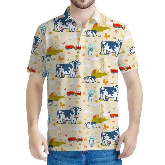 Cartoon Dairy Cow Farm Pattern Print Men's Polo Shirt