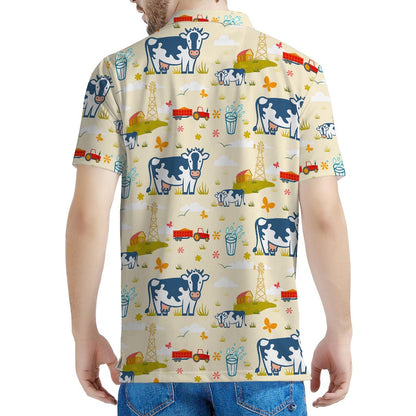Cartoon Dairy Cow Farm Pattern Print Men's Polo Shirt