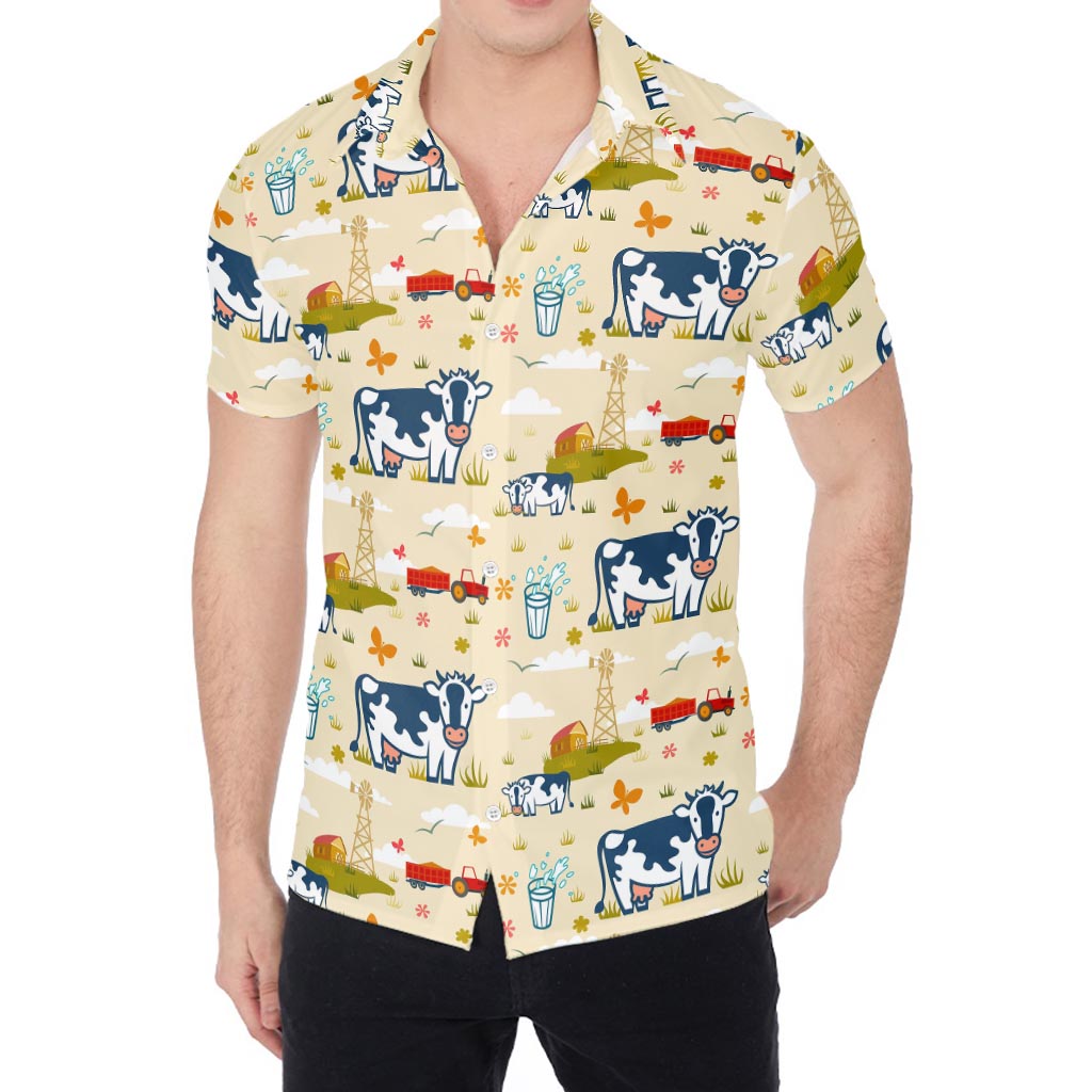 Cartoon Dairy Cow Farm Pattern Print Men's Shirt