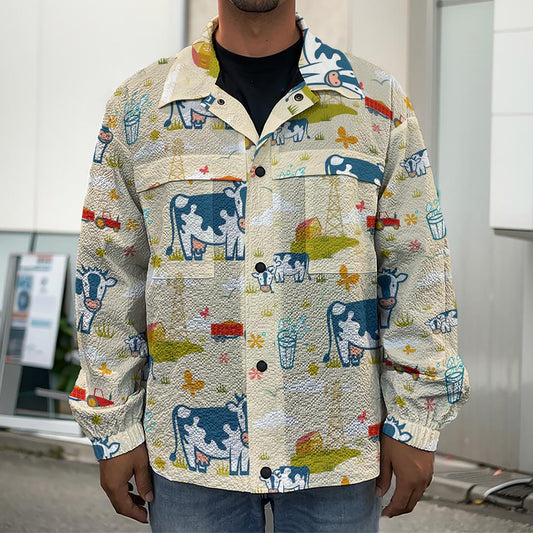 Cartoon Dairy Cow Farm Pattern Print Men's Shirt Jacket