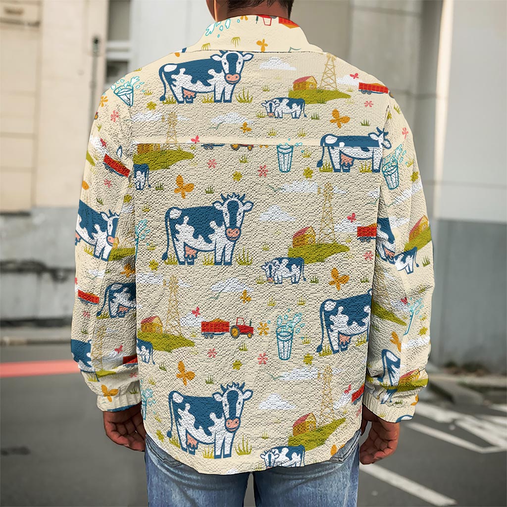 Cartoon Dairy Cow Farm Pattern Print Men's Shirt Jacket