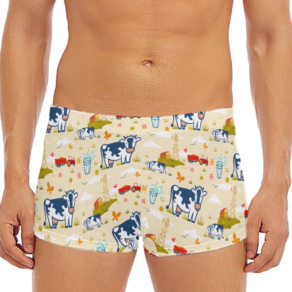 Cartoon Dairy Cow Farm Pattern Print Men's Short Boxer Briefs