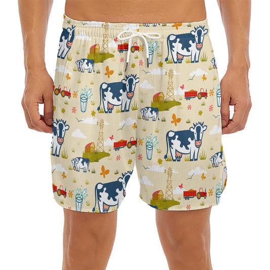 Cartoon Dairy Cow Farm Pattern Print Men's Split Running Shorts
