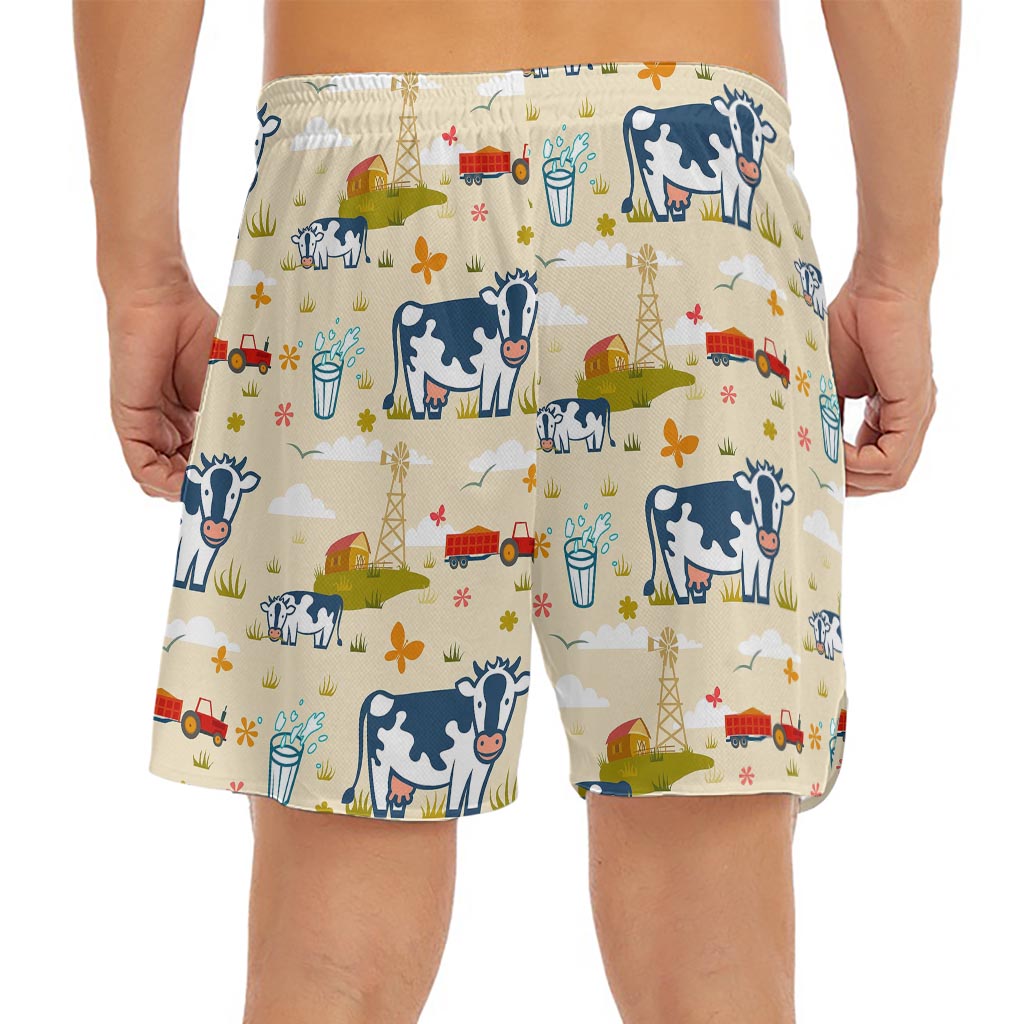 Cartoon Dairy Cow Farm Pattern Print Men's Split Running Shorts