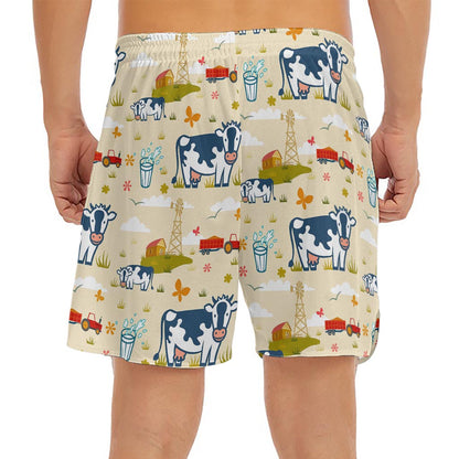 Cartoon Dairy Cow Farm Pattern Print Men's Split Running Shorts