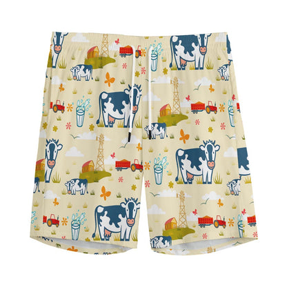 Cartoon Dairy Cow Farm Pattern Print Men's Sports Shorts