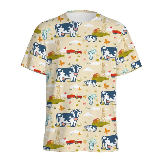 Cartoon Dairy Cow Farm Pattern Print Men's Sports T-Shirt