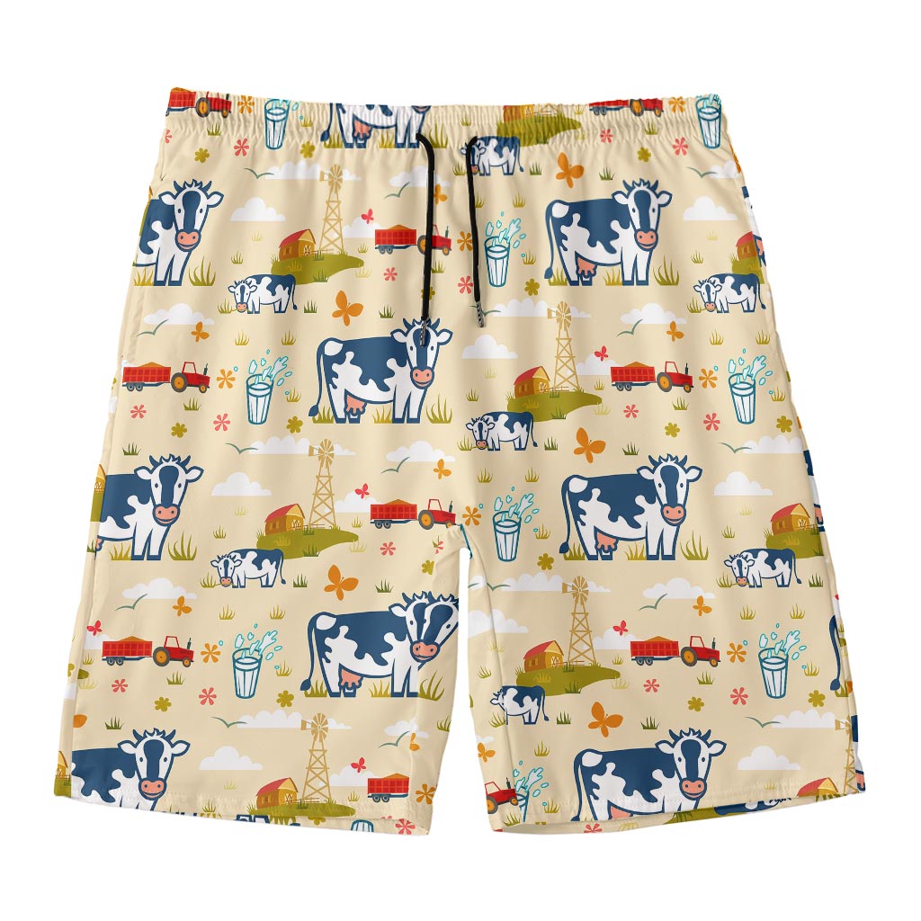 Cartoon Dairy Cow Farm Pattern Print Men's Swim Trunks