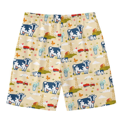 Cartoon Dairy Cow Farm Pattern Print Men's Swim Trunks