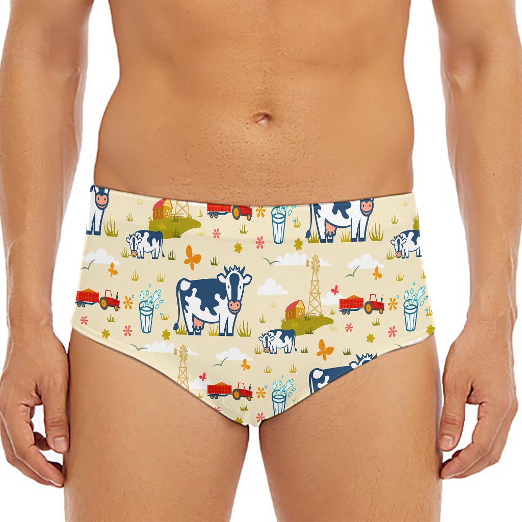 Cartoon Dairy Cow Farm Pattern Print Men's Triangle Swim Briefs