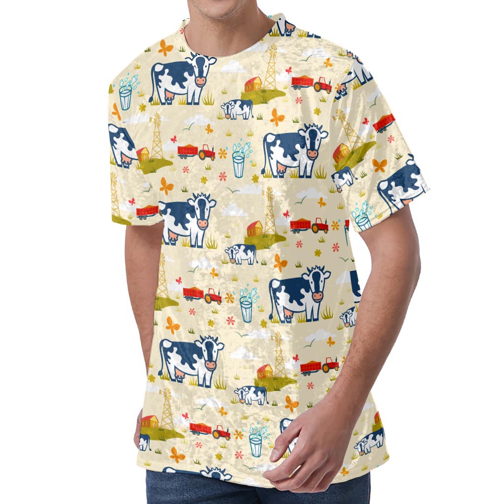 Cartoon Dairy Cow Farm Pattern Print Men's Velvet T-Shirt