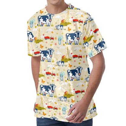 Cartoon Dairy Cow Farm Pattern Print Men's Velvet T-Shirt