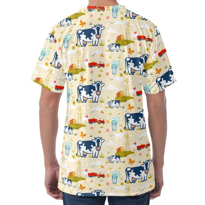 Cartoon Dairy Cow Farm Pattern Print Men's Velvet T-Shirt