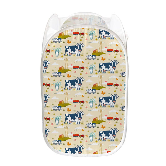 Cartoon Dairy Cow Farm Pattern Print Mesh Laundry Hamper