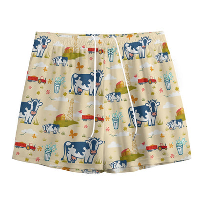 Cartoon Dairy Cow Farm Pattern Print Mesh Shorts