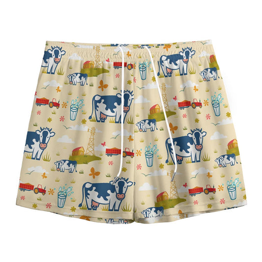 Cartoon Dairy Cow Farm Pattern Print Mesh Shorts