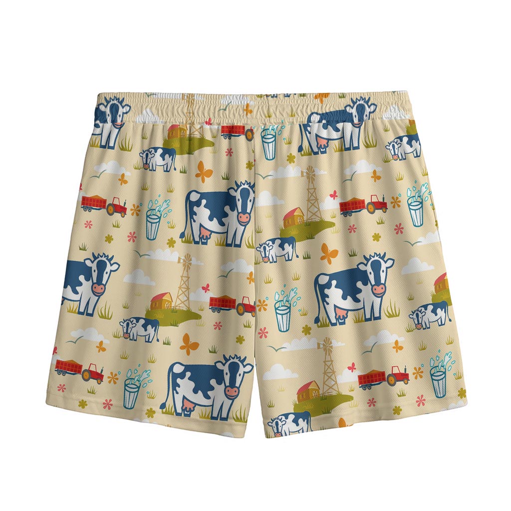 Cartoon Dairy Cow Farm Pattern Print Mesh Shorts