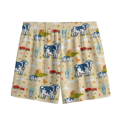 Cartoon Dairy Cow Farm Pattern Print Mesh Shorts