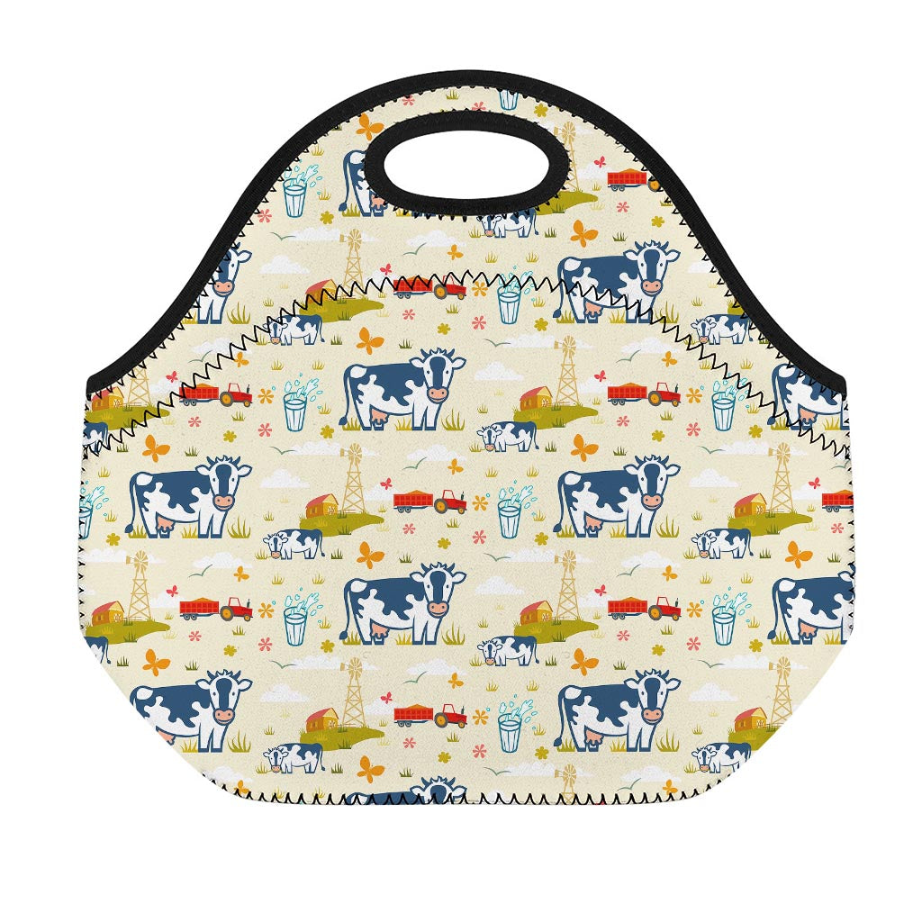 Cartoon Dairy Cow Farm Pattern Print Neoprene Lunch Bag