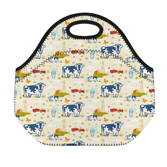 Cartoon Dairy Cow Farm Pattern Print Neoprene Lunch Bag