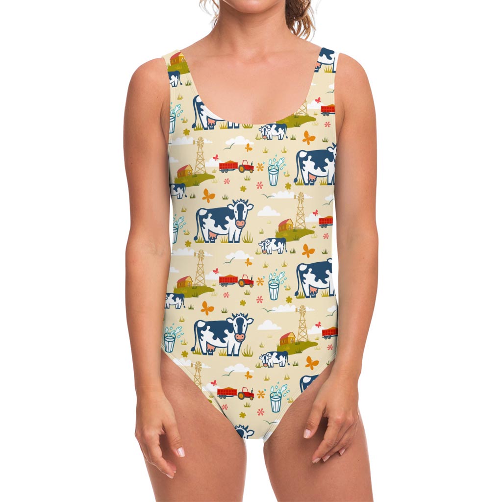 Cartoon Dairy Cow Farm Pattern Print One Piece Swimsuit