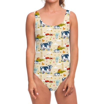 Cartoon Dairy Cow Farm Pattern Print One Piece Swimsuit