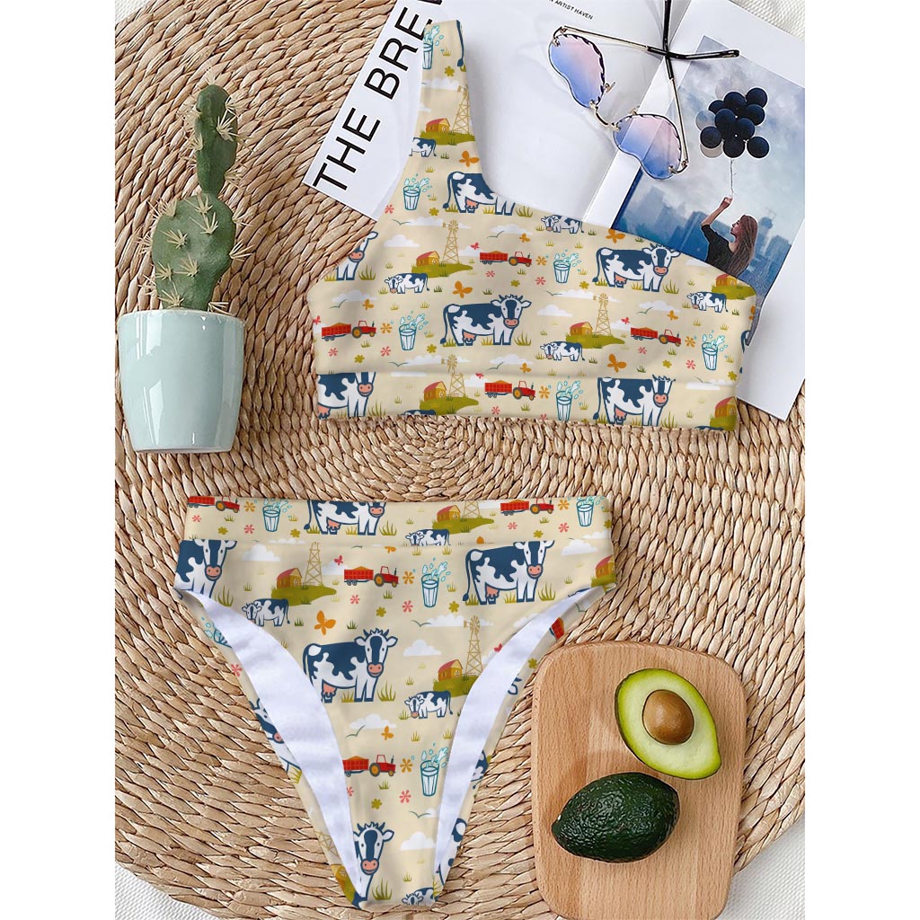 Cartoon Dairy Cow Farm Pattern Print One Shoulder Bikini Top