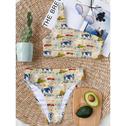 Cartoon Dairy Cow Farm Pattern Print One Shoulder Bikini Top