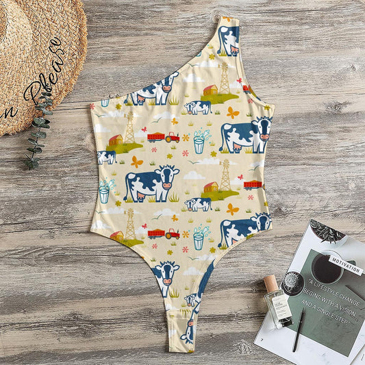 Cartoon Dairy Cow Farm Pattern Print One Shoulder Bodysuit