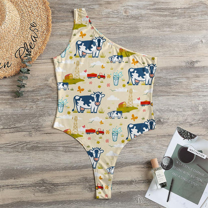 Cartoon Dairy Cow Farm Pattern Print One Shoulder Bodysuit