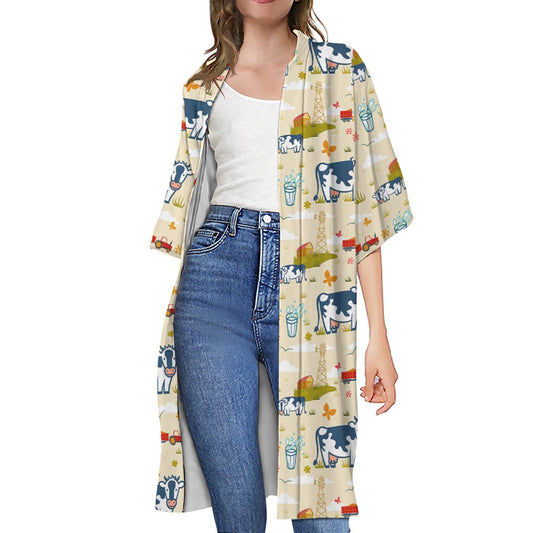 Cartoon Dairy Cow Farm Pattern Print Open Front Beach Cover Up