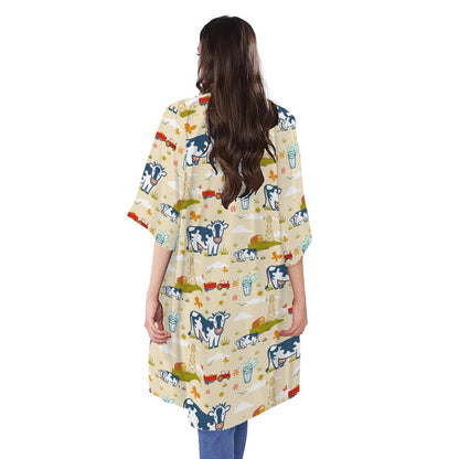 Cartoon Dairy Cow Farm Pattern Print Open Front Beach Cover Up