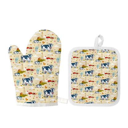 Cartoon Dairy Cow Farm Pattern Print Oven Mitt And Pot Holder Set