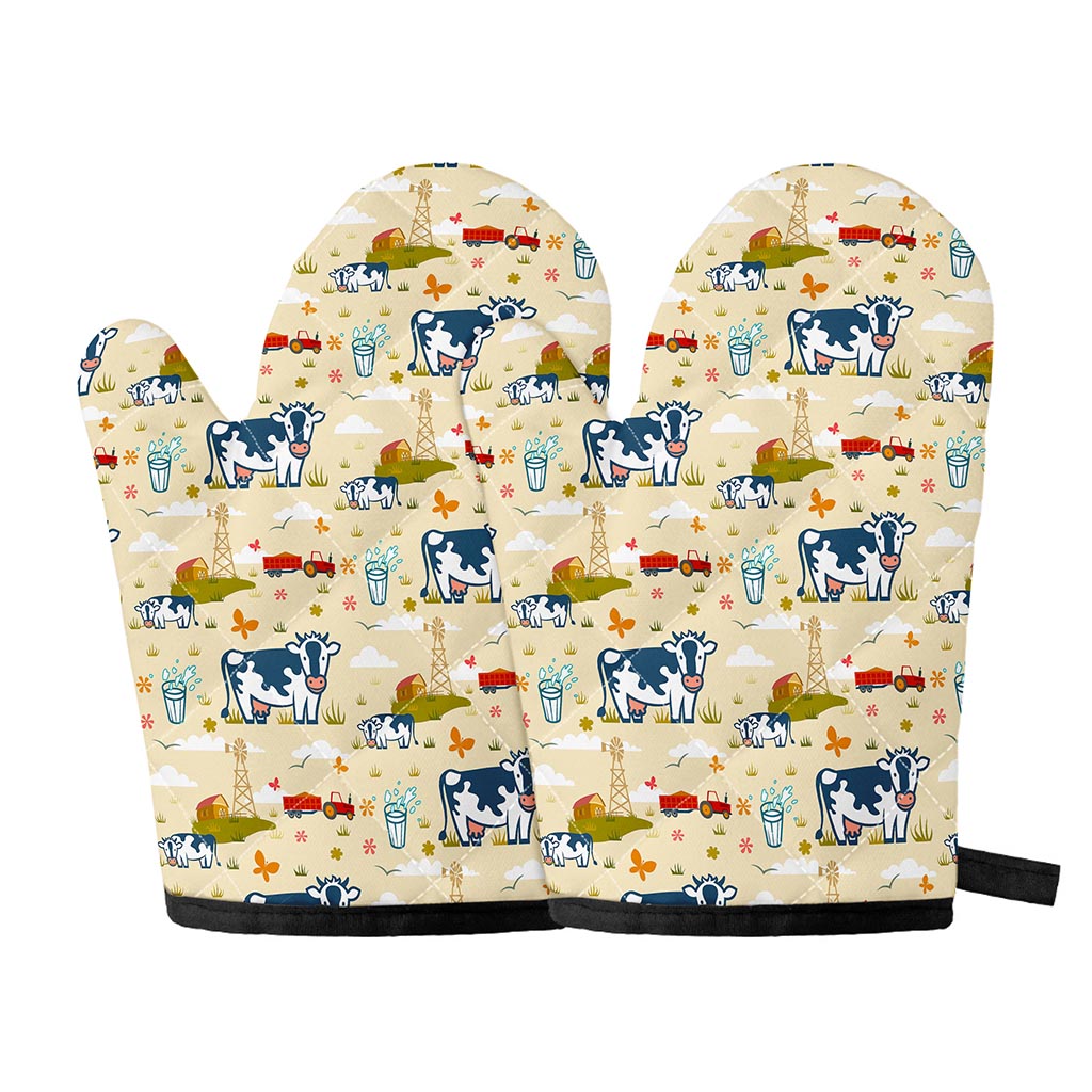 Cartoon Dairy Cow Farm Pattern Print Oven Mitts