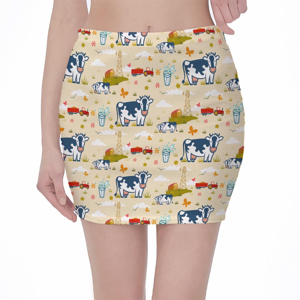 Cartoon Dairy Cow Farm Pattern Print Pencil Mini Skirt