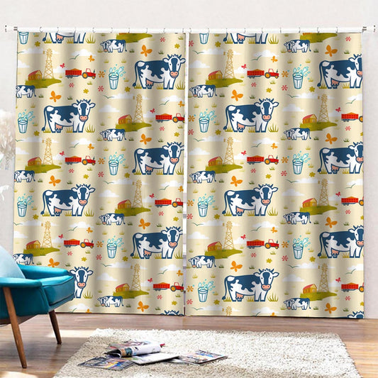 Cartoon Dairy Cow Farm Pattern Print Pencil Pleat Curtains