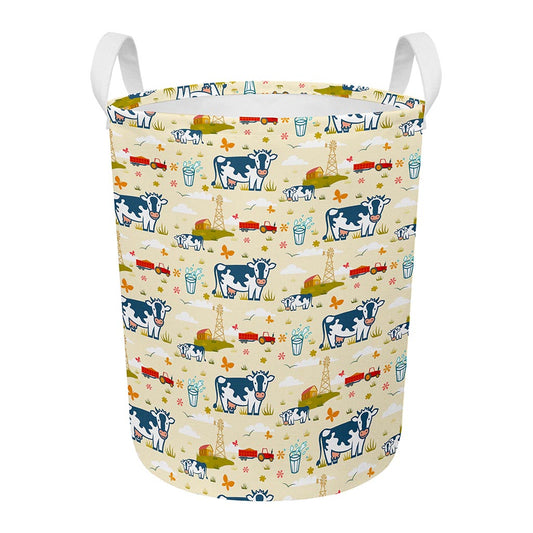 Cartoon Dairy Cow Farm Pattern Print Round Laundry Basket