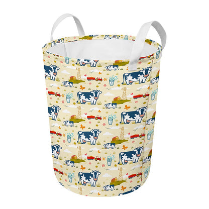 Cartoon Dairy Cow Farm Pattern Print Round Laundry Basket