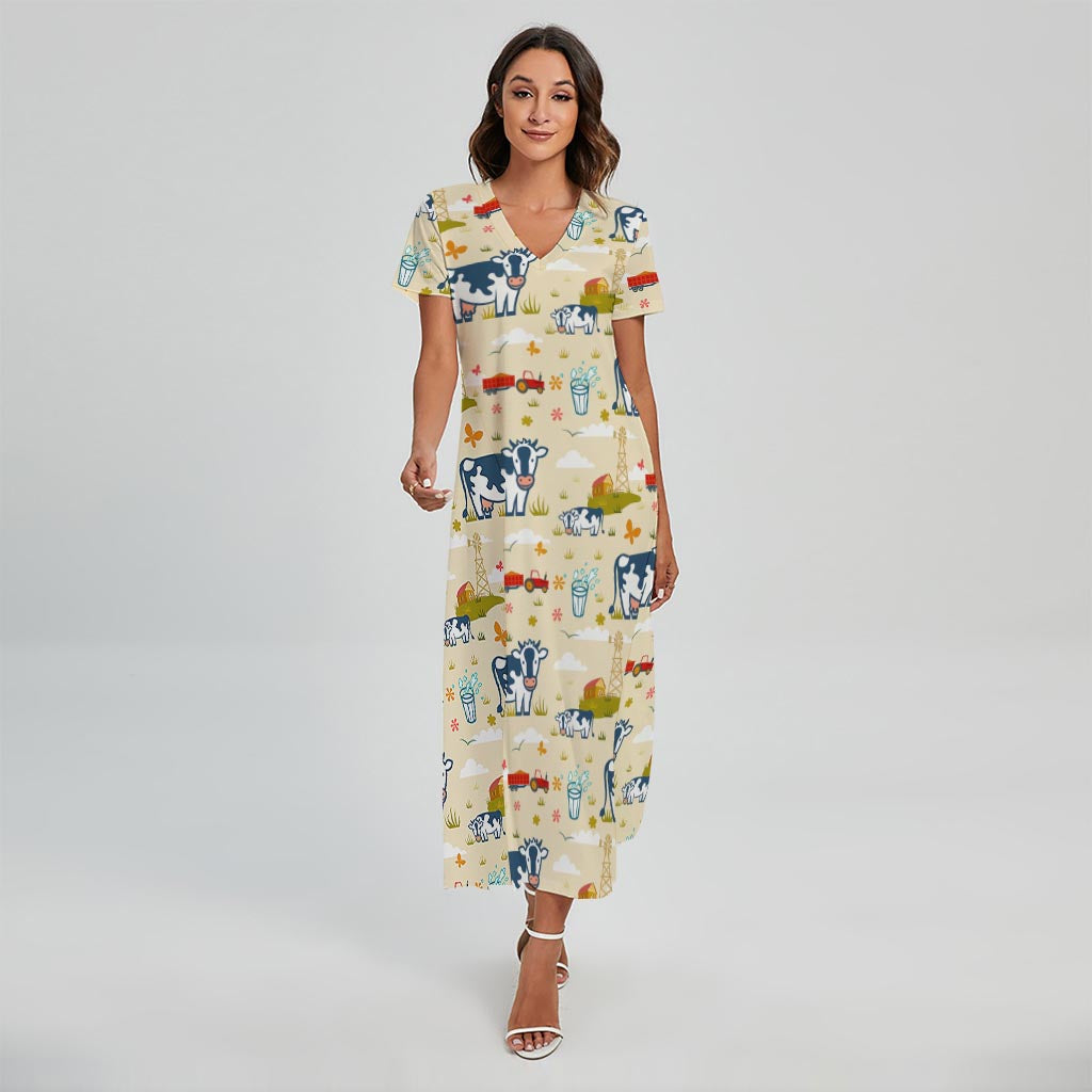 Cartoon Dairy Cow Farm Pattern Print Short Sleeve Maxi Dress