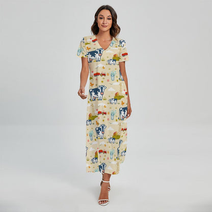 Cartoon Dairy Cow Farm Pattern Print Short Sleeve Maxi Dress
