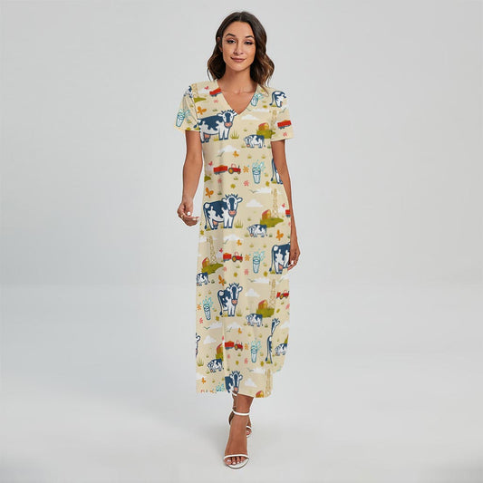 Cartoon Dairy Cow Farm Pattern Print Short Sleeve Maxi Dress